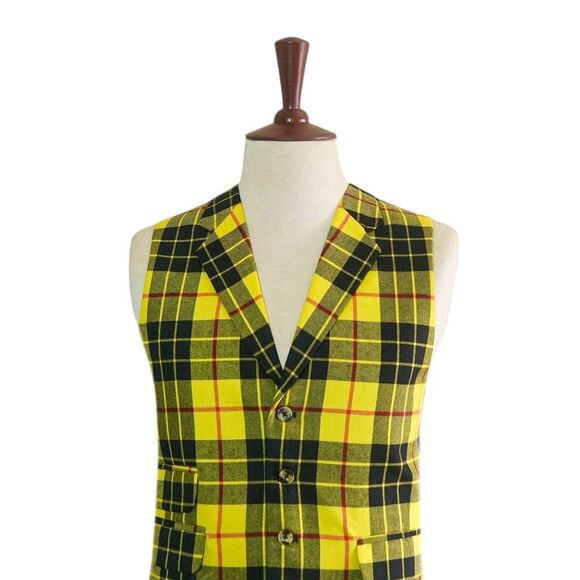 Mens 46R Wool Tartan Plaid Vest Yellow Black Red Waistcoat Formal Wedding Party - Picture 3 of 8